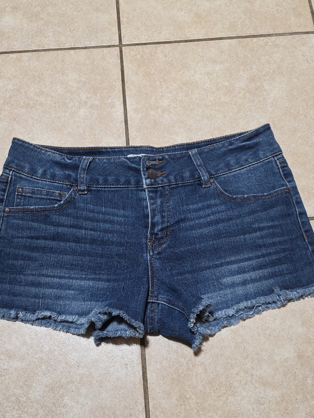 refuge Dark Blue Denim Frayed Hem Shorts